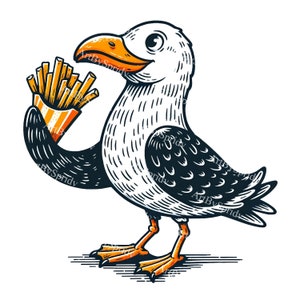 Quirky Seagull Holding Fries PNG Clipart - Fun Beach Bird Illustration - Digital Download - Cartoon Seagull Art - Fast Food Lover Graphic