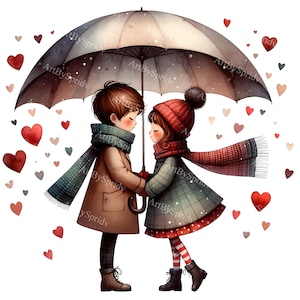 Valentine's Day Clipart - Boy & Girl Under Umbrella, Romantic Cartoon PNG, DTG T-Shirt, Mug, Tumbler Design - Sublimation and Scrapbooking
