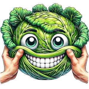 Whimsical Vegetable Character Clipart - Vibrant Green Cabbage Cartoon PNG, Funny Veggie Digital Clip Art for DIY Crafts Project & Education