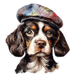 Hand-Drawn Spaniel Dog Clipart | Adorable Pet Illustration in Plaid Cap | Transparent PNG for Sublimation, Stickers, Printables, DIY Crafts
