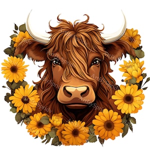 Vaca de las Tierras Altas con Girasoles PNG, Descarga Digital, Imágenes Prediseñadas de Ganado de las Tierras Altas de acuarela, Decoración de la granja, Clip Art de bricolaje de vivero, Comercial