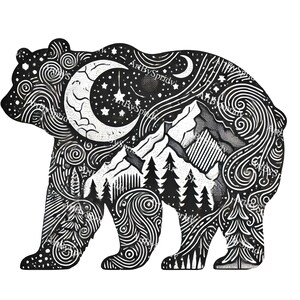 Silueta de oso PNG transparente con cielo nocturno, luna, montañas, bosque, arte digital inspirado en la naturaleza para sublimación de camisetas y manualidades de bricolaje
