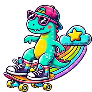 Coole Dinosaurier Skateboard Clipart: Cartoon Dino mit Sonnenbrille, Turnschuhe auf Regenbogen Spur - transparentes PNG für digitale DIY Handwerk, DTG Tee