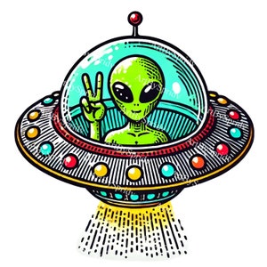 Whimsical Alien in UFO PNG Clipart, Cute Spacecraft Illustration, Digital Download, Alien Clip Art for Kids, Extraterrestrial Space Party