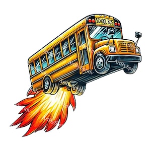 Rocket-Powered Back to Schulbus PNG Clipart, digitale Download lustige Lerngrafik, druckbare Kunst für Lehrer,Studenten, Klassenzimmer Dekor