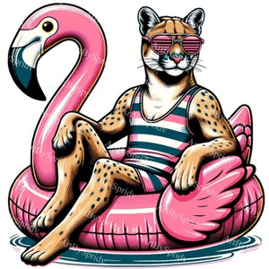 Wesoła Puma w różowym flamingu pływającym kliparty - Plaża Letnia Zabawa Sztuka Cyfrowa, Modna Ilustracja Zwierząt, Dekoracja Przyjęcia Basenowego, Natychmiastowe Pobieranie
