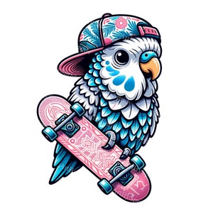 Urban Jungle Parrot on Skateboard Clipart - Printable Sublimation PNG, Cool Skater Street Style Bird Digital Illustration for DIY Projects