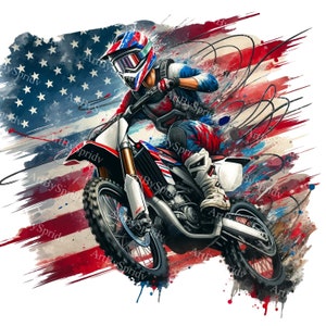 Patriotic Motocross Digital Clipart | USA American Flag Rider | Printable Sublimation PNG Clip Art | Dirt Bike Graphics | Sports DIY Craft