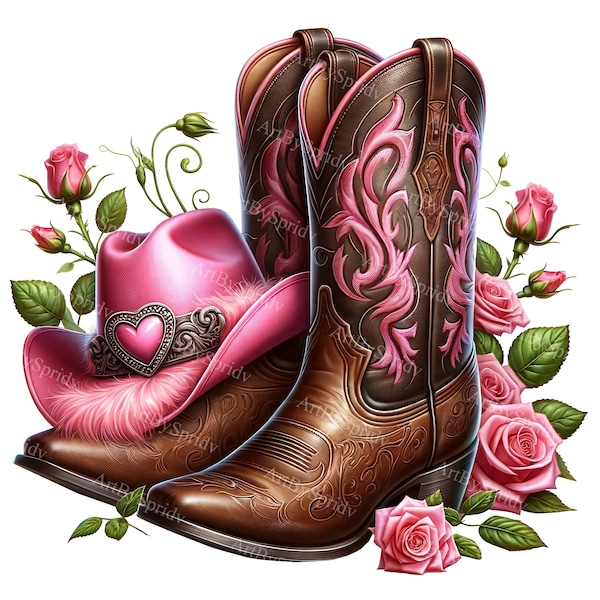 Valentine Day Cowboy Boots PNG - Pink Hat & Rose Digital Clipart for T-Shirt, Mug, Tumbler, Sublimation,Scrapbooking-Romantic Western Design