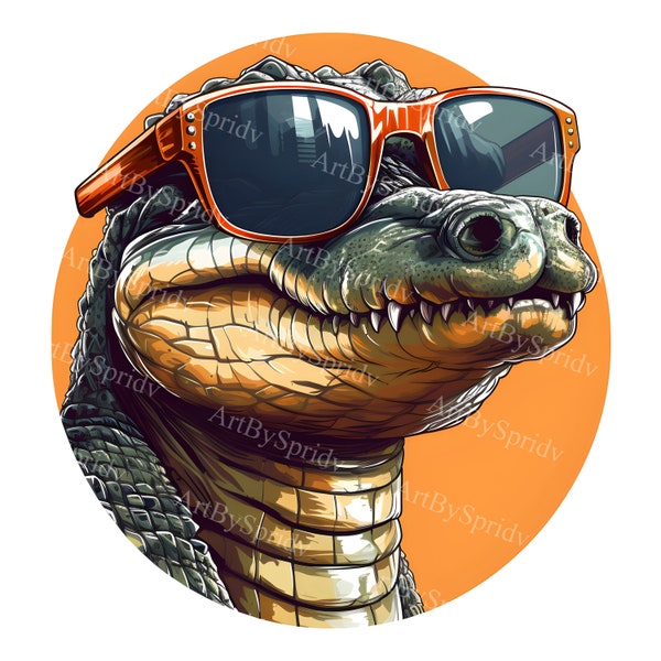 Funky Alligator Digital Clipart PNG, Cool Sunglass-Wearing Gator Graphic, Hip Animal Illustration for T-Shirts & DIY Crafts,Transparent File