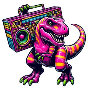 Funky T-Rex Dinosaur con caja de altavoz Descargar PNG Clipart-Retro 80s Style Clip Art-Hip Hop Dino Descarga digital-Dibujos animados para camisetas, tazas