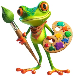 Cartoon Artist Frog Clipart: Whimsical Frog with Paintbrush & Palette, Transparent PNG Clip Art, Perfect for Creative DIY Projects and Decor
