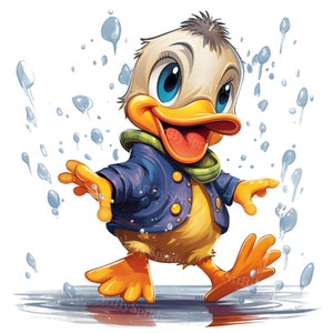 Duck Splashing in Water Puddle PNG Clipart,Cute Nursery Clip Art,Rainy Day Duckling Illustration,T-shirt Sublimation for Kid Decor,DIY Craft