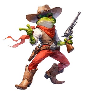 Watercolor Cowboy Frog Clipart - Western Anuran With Revolver Gun PNG-Digital Clip Art for DTG,T-Shirt,Mug,Tumbler Sublimation&Scrapbooking