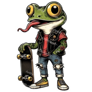 Cool Frog Skater PNG Clipart | Hip Frog z deskorolką Pobierz cyfrowo|Retro Frog Art do rzemiosła, naklejek, koszulek|Zabawna ilustracja zwierząt