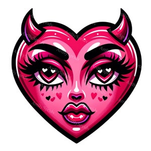 May include: A pink heart-shaped illustration of a face with devil horns, large eyes with hearts in the pupils, and a red and purple mouth.