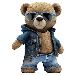 Cute Denim Teddy Bear Sunglasses PNG Clip Art-Transparent Animal Clipart for Kids/Adults Cartoon Design,Printable Sublimation,Commercial
