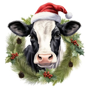 Vaca de fazenda de Natal com guirlanda de árvore de Natal ornamento-transparente PNG clipart para impressão, caneca, copo DTG sublimação clip art, comercial