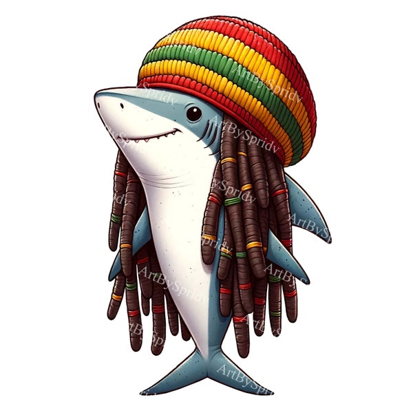 Reggae Shark Clipart, Rastafarian Dreadlocks Shark PNG, Cute Cartoon Shark Digital Download, Rasta Shark Illustration for T-Shirts & Mugs