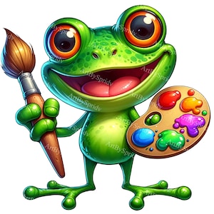 Cartoon Künstler Frosch Clipart: Wunderlicher Frosch mit Pinsel & Palette, transparente PNG Clip Art, perfekt für kreative DIY-Projekte und Dekor