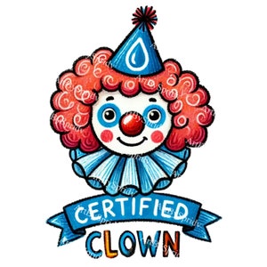 Certified Clown PNG Clipart, Cute Circus Clown with Red Curly Hair, Blue Hat & Bow, Digital Clip Art for Kids Party, Carnival, Scrapbooking