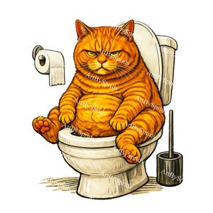 May include: An illustration of an orange tabby cat on a toilet, looking cross. A roll of toilet paper and a toilet brush are also visible. The cat is the main subject of the image, with the toilet as the setting.