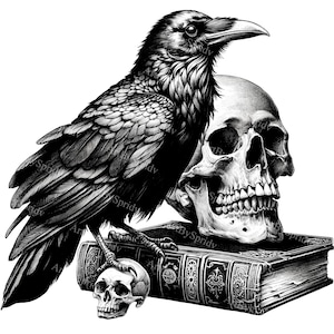 Raven on Skull & Antique Books Clipart - Gothic Dark Academia Transparent PNG - Digital Download Clip Art for Sublimation, DIY Crafts, Decor