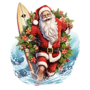 Christmas Aloha Santa Claus with Surfboard Transparent PNG Clipart,Kids/Adults Cartoon Design,Printable Sublimation,Commercial,Xmas Clip Art