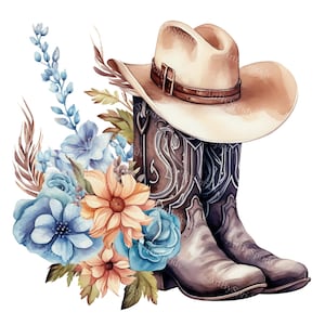Watercolor Boho Cowgirl Boots, Hat And Flowers PNG Clipart - Western Printable T-Shirt, Mug Sublimation Vintage Clip Art - Wild West Rodeo