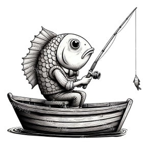 Imágenes Prediseñadas de pescador caprichoso - pesca de peces con características humanas, ilustración de barco de pesca, PNG digital para sublimación e imprimibles DIY Craft