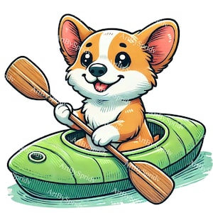 Adorable Corgi Kayaking PNG Clipart, Cute Dog in Kayak Digital Download Clip Art for T-Shirts, Posters, DIY Craft Projects, Pet Lover's Art