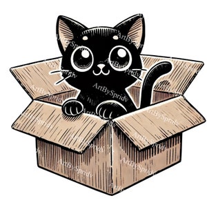 Black Cat in Cardboard Box PNG Clipart, Cute Pet Digital Kawaii Kitten Illustration,Printable Cat Lover Clip Art,DIY Crafts,Stickers,T-Shirt
