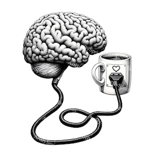 Unique Brain Coffee Cup Print,Digital PNG Download Clipart,Quirky Geek Decor,Coffee Lovers Gift,Office Wall Art,Science Print Illustration