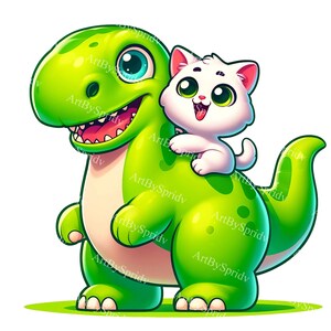 Lindo gatito montando dinosaurio clipart - arte digital colorido para la guardería, decoración de la habitación de los niños diy, dinosaurio de dibujos animados imprimible e ilustración del gato