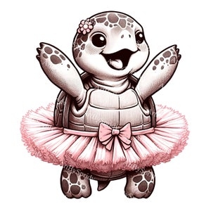 May include: A cartoon illustration of a turtle wearing a pink tutu and a flower in its hair. The turtle is smiling and has its arms raised in the air.