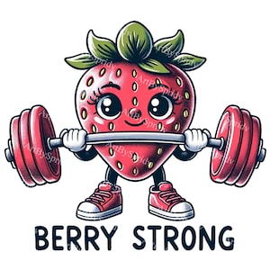 Berry Strong Strawberry PNG Clipart-Cute Berry Weightlifting,Fitness Fruit Digital Download,Kawaii Exercise Art,Workout Motivation,Gym Decor