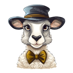 Sheep with Bow Tie & Hat PNG Clipart, Cute Animal Illustration, Farm Rustic Clip Art for T-Shirt, Mug, Sublimation, DIY Craft Project