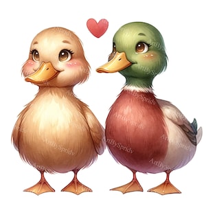 Watercolor Cartoon Ducks Clipart - Heart-Themed Digital PNG for DTG, T-Shirt, Mug, Tumbler Sublimation & Scrapbooking, Printable Love Ducks