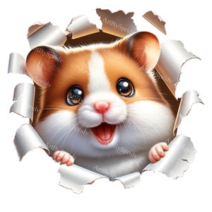 3D Illusion Wall Break Hamster Clipart, Realistyczne Zwierzęta PNG, Natychmiastowe Pobieranie Cyfrowe dla Koszulki, Kubka, Kubka Sublimacja, Scrapbooking