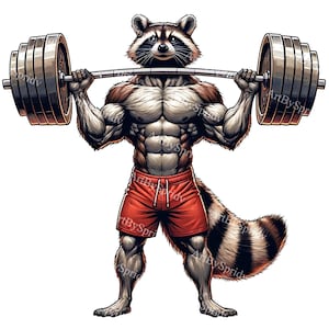 Muscular Raccoon Weightlifter Digital Clipart -Gym Fitness Animal Mascot Illustration,Printable Sublimation PNG for Workout Gear&Accessories