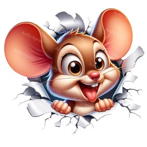 Cartoon Maus 3D Mauerbruch PNG, realistische Clipart für T-Shirt, Becher, Becher, Sublimation, Scrapbooking - Digital Download Illusion Design
