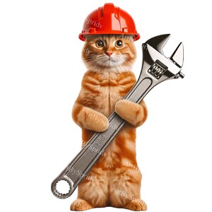 Adorable gato manitas con llave inglesa Clipart - Construcción PNG digital para sublimación e imprimibles, manualidades, proyectos de bricolaje, diseño de camisetas