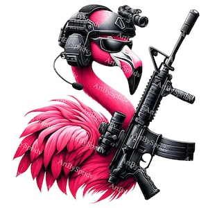 Commando flamingo clipart | Tactische vogel, png-bestand | Illustratie militaire uitrusting en wapens | Armed Forces Flamingo|Special Ops Bird DIY Craft Art