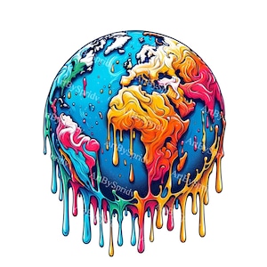 Bunte schmelzende Erde Digitale Kunst - lebendige Planet Clipart PNG, abstrakte Umweltkunst Download, umweltbewusste Wanddekoration, Weltkarte