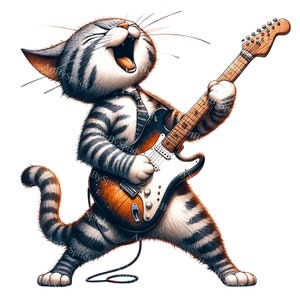 Antropomorfe kat gitaar clipart-PNG voor DTG T-shirt, mok, beker sublimatie & scrapbooking-energieke gitaarspelende kat Clip ArtDesign