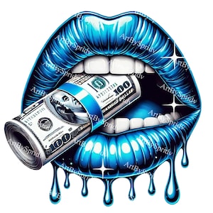 Glossy Blue Lips Biting 100 Dollar Bill Download PNG Clipart, Dripping Money Lips Digital Clip Art for T-Shirt Sublimation, Stickers, Design