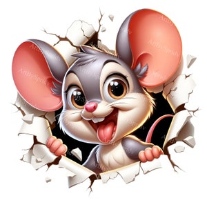 Cartoon Mouse 3D Wall Break PNG, Realistic Clipart for T-Shirt, Mug, Tumbler, Sublimation, Scrapbooking - Digital Download Clip Art Design