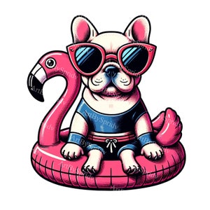 French Bulldog in Sunglasses on Flamingo Float PNG Clipart | Trendy Summer Dog Sublimation for T-Shirts, Mugs, Tumbler | Digital Download