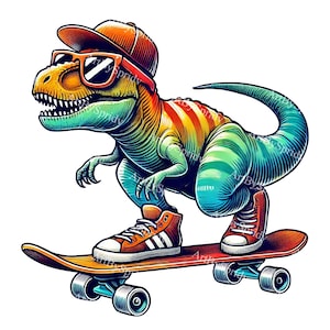 Cooles T-Rex Dinosaurier Skateboard PNG Clipart-Hip Tyrannosaurus mit Sonnenbrille Digitaler Download für Sublimation, DIY-Projekte, Kinder Basteln