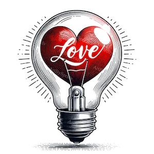 Valentine's Day Light Bulb Clipart with Red Heart and Love - Digital PNG for DTG, T-Shirt, Mug, Tumbler Sublimation, Scrapbooking Clip Art